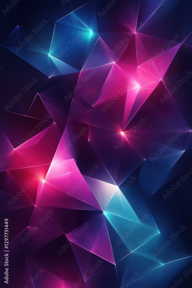 Poster geometric abstraction of vibrant triangles and lines in a dark background creating a modern futurist