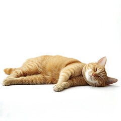Orange tabby cat sleeping on white background.