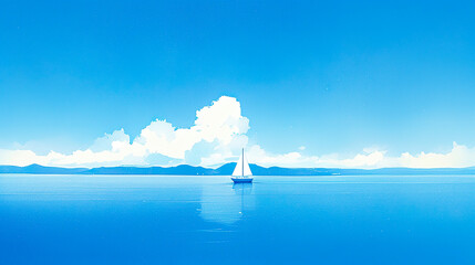 明るい穏やかな海に浮かぶヨットの水彩イラスト風景