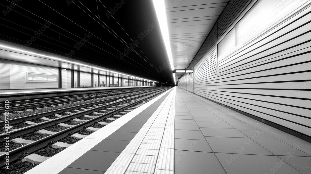 Aufkleber quiet subway station platform in the evening with empty tracks and modern architectural features