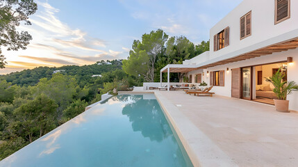 Fototapeta premium Luxurious Modern Villa with Infinity Pool and Scenic Landscape during Golden Hour