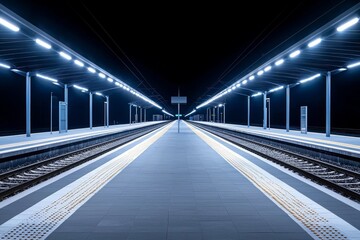 Brightly lit train station platform at night showcasing empty tracks and modern architecture
