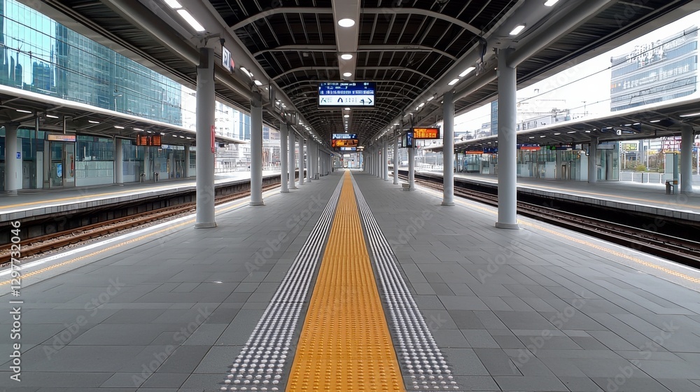 Poster modern railway station platform featuring clear signage and well-defined waiting areas in an urban s