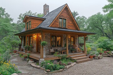 Fototapeta premium Cozy Stone Cabin: Picturesque Design in Nature's Embrace