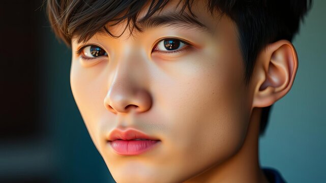 A close-up shot of the left half of a young Asian man's face, showcasing his smooth skin and dark hair, half, facial features