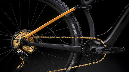 Fototapeta premium Close Up View Of A Black And Gold Bicycle Gear And Wheel With Shadow On Dark Background