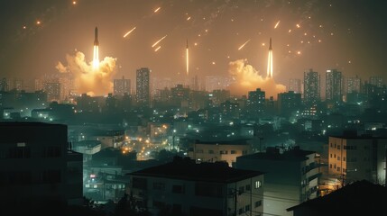 Fototapeta premium Night Cityscape Rockets Launching Futuristic Sci Fi