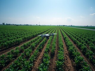 Obraz premium Aerial view of solar powered drone flying above green crop field demonstrating sustainable agriculture technology, agriculture, aerial