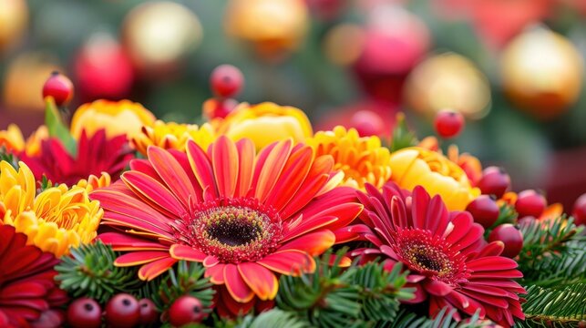 Wreath: A circular, decorative creation made from materials like flowers, twigs, or artificial elements, used for celebrations, festivals, or seasonal decor.
 - Powered by Adobe