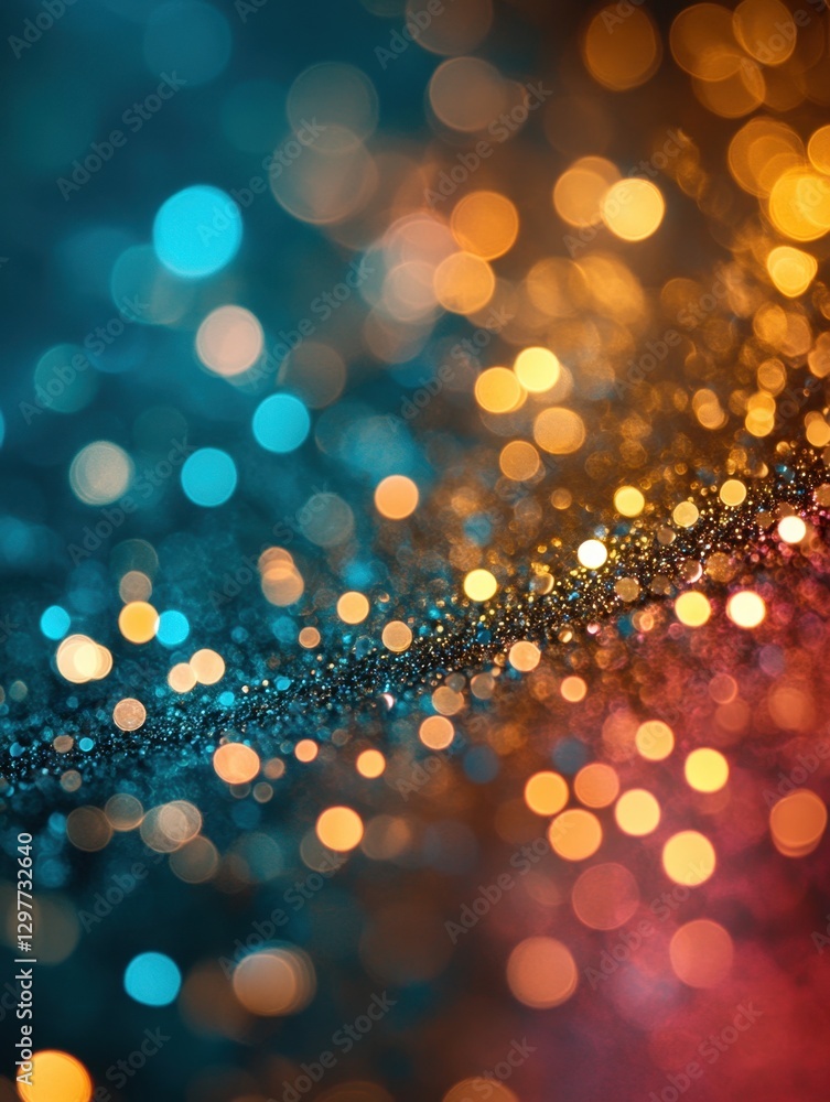 Poster abstract luminous bokeh background with teal and gold hues creating a dreamy and magical atmosphere 