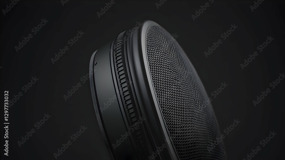 Poster black circular textured object with pixelated surface and geometric pattern on dark background