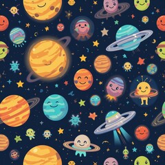 20.  "Create a seamless digital pattern themed around space adventure, featuring smiling planets, UFOs, and friendly aliens. Use vibrant colors and playful 

designs to evoke a fun and whimsical vibe,