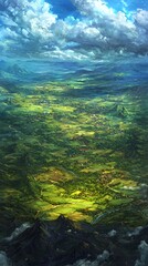 Fototapeta premium Aerial View of a Lush Green Fantasy Landscape with Mountains and Clouds