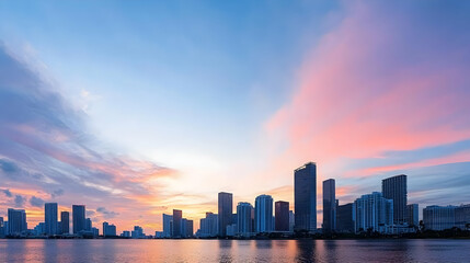 Fototapeta premium City Skyline Silhouetted Against Vibrant Sunset Hues Reflected On Calm Water Surface