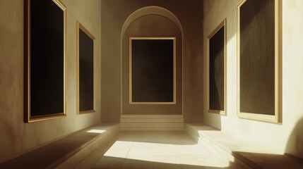 Fototapeta premium Elegant Gallery Corridor with Empty Golden Frames