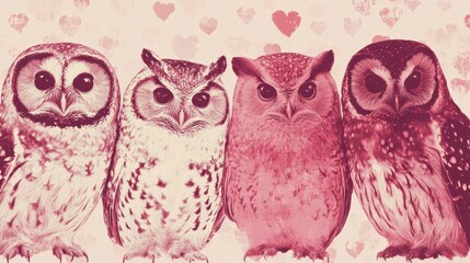 Fototapeta premium Four Owls Pink Hearts Valentine s Day Romantic Birds