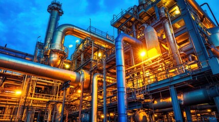 Fototapeta premium Illuminated industrial refinery at twilight, showcasing intricate network of pipes and structures. A stunning low-angle shot emphasizing scale and complexity.