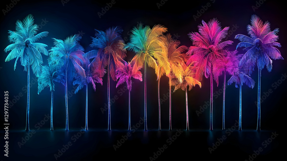 Poster digitally rendered colorful palm trees with rainbow hues on dark background creating vibrant and abs