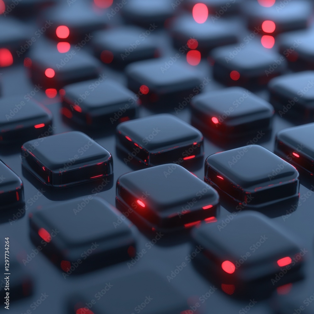 Poster array of dark glossy squares with red light accents creating a futuristic and technological feel per