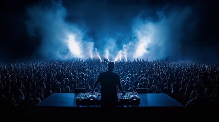 An electrifying DJ performance captivates a massive crowd at a vibrant music festival.