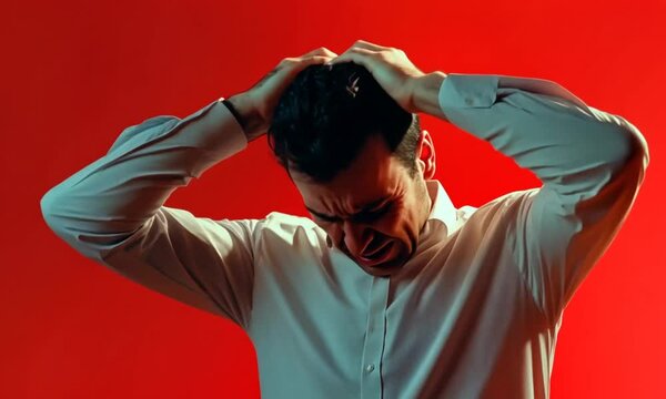 Man grabbing hair in distress against red backdrop, symbolizing frustration and intense emotional turmoil