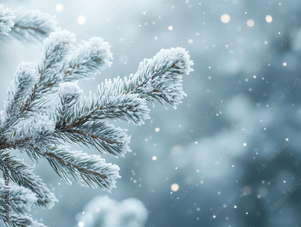 Poster winter scene of frosted pine branch with soft bokeh and falling snow creating a serene and magical a