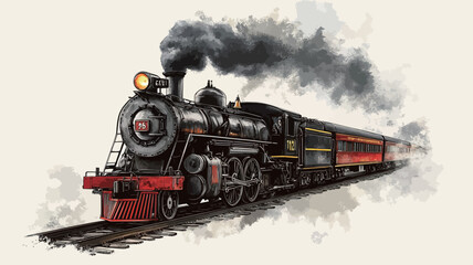 Obraz premium A digital painting depicting a vintage steam locomotive pulling several passenger carriages. The locomotive is predominantly black with red accents, emitting dark grey and black smoke. The style is