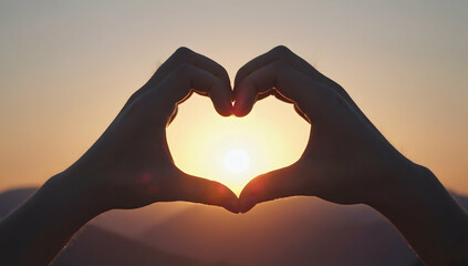Hands forming a heart against a glowing sunset sky