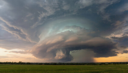 Obraz premium Towering storm clouds release rain over a vast, glowing horizon field
