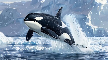 Fototapeta premium Majestic Orca Whale Breaching in Icy Ocean with Snowy Mountains in the Background