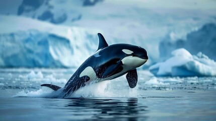 Fototapeta premium Majestic Orca Whale Breaches in Icy Arctic Waters Under Clear Blue Sky and Floating Icebergs