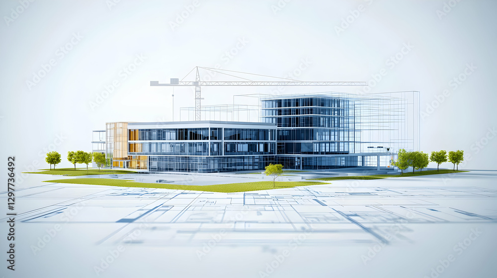 Poster modern architectural visualization of building design with green landscape and blueprints