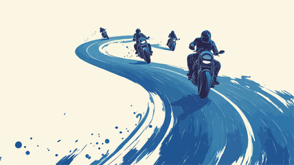 An illustration depicting four motorcyclists riding on a winding road. The style is abstract, with the road and motorcycles rendered in shades of blue with visible brushstrokes, creating a