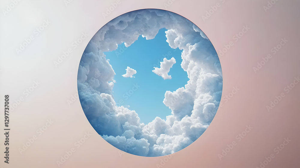 Poster pixelated cloudy sky view through circular frame against gradient background
