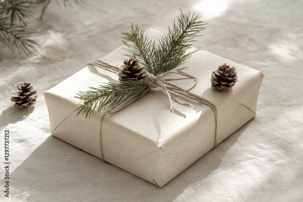Aufkleber elegant wrapped gift with pinecones and greenery on a soft neutral background. generative ai