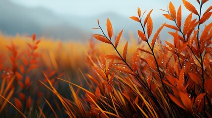 Autumnal Meadow Vibrant Orange Leaves with Dew Drops in a Serene Landscape