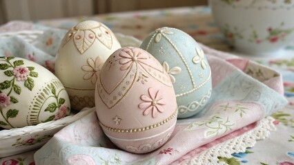 Handmade Easter Eggs with a Vintage Victorian-Style Design and Delicate Patterns ideal for vintage-themed Easter decorations, artisan gift ideas, and nostalgic holiday aesthetics.