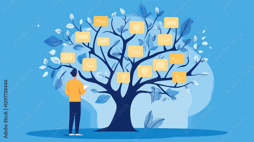 Poster man observing a digital communication tree