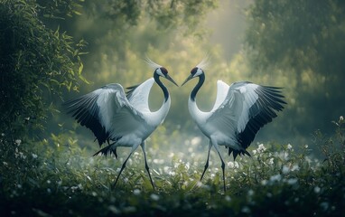 Fototapeta premium Majestic cranes engage in a graceful dance amidst lush greenery during early morning light
