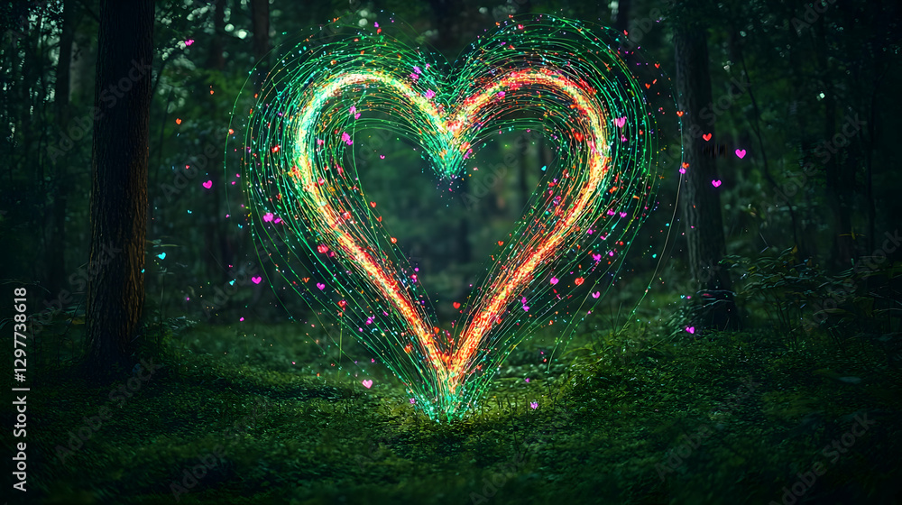 Poster glowing heart shape in forest illuminated by colorful sparkles