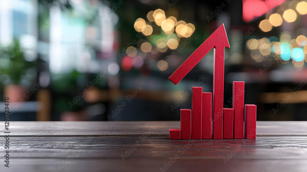 Poster red glitter chart with rising arrow on wooden table with blurred background and bokeh lights