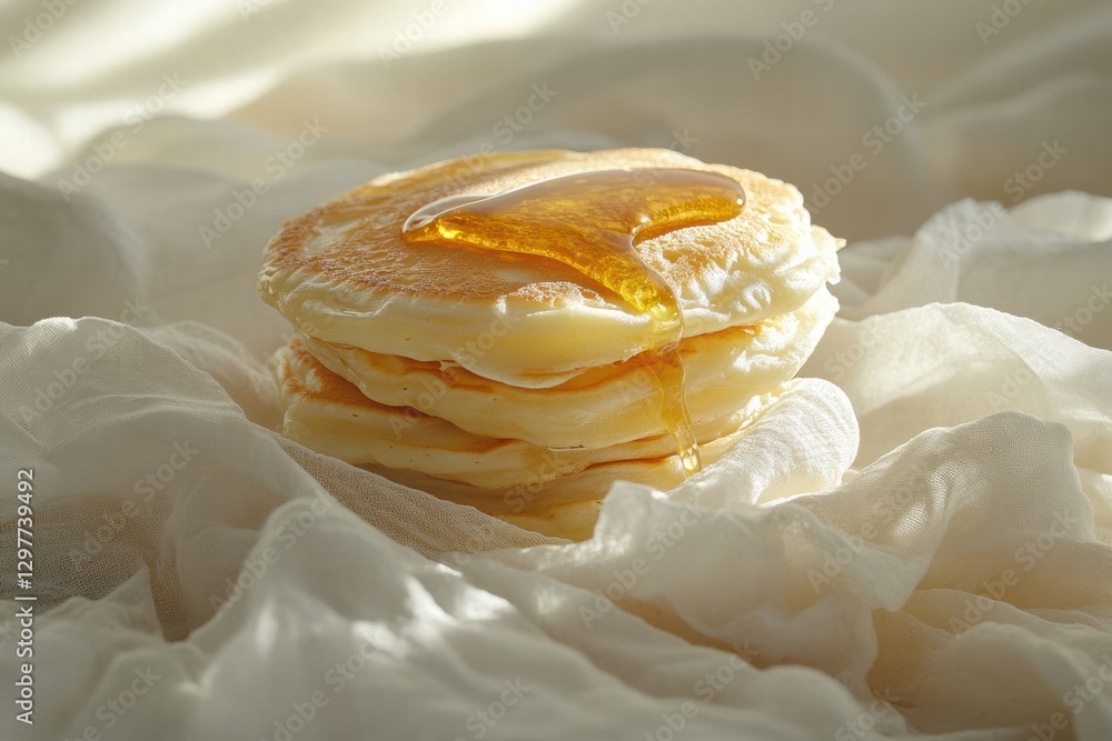 Poster Fluffy pancakes stacked high with syrup drizzling down in a soft, inviting setting on a light fabric backdrop. Generative AI