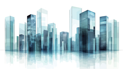 Digital rendering of a cityscape featuring numerous tall, modern skyscrapers constructed primarily of glass. The buildings are rendered in shades of blue and reflect a light-colored surface,