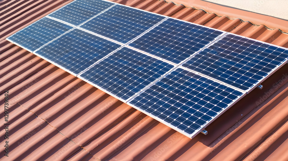 Poster blue solar panel array installed on a red corrugated rooftop capturing daylight