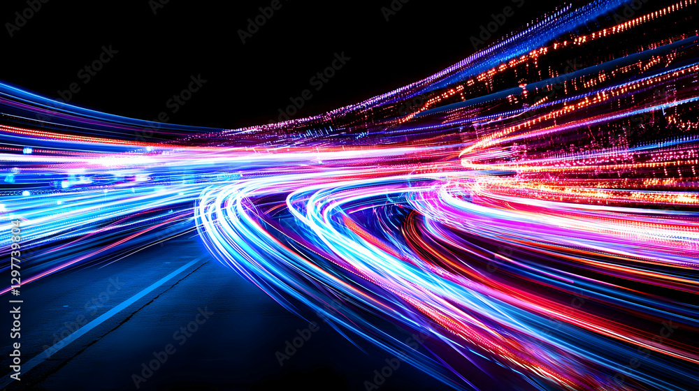 Poster abstract light trails in blue and red with curve on black background
