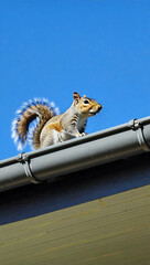 A squirrel perches on a rooftop gutter, staring into the blue sky Vertical Mobile Wallpaper