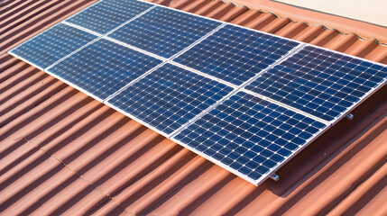 Blue Solar Panel Array Installed on a Red Corrugated Rooftop Capturing Daylight