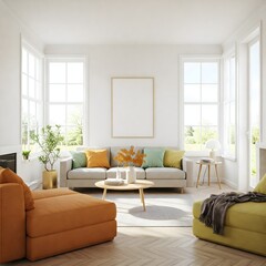 Fototapeta premium minimalist living room bathed in natural light from a large window. Frame mockup, Living room wall poster mockup. Interior mockup with house background. Modern interior design. 