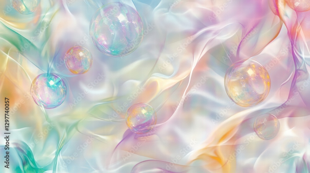 Poster Colorful soap bubbles create a vibrant, textured pattern on a soft, pastel background with playful transparency effects. Generative AI