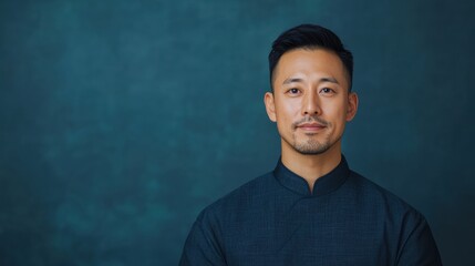 Obraz premium A confident man poses in front of a textured blue background, wearing a dark high-collared shirt, exuding calmness and approachability.